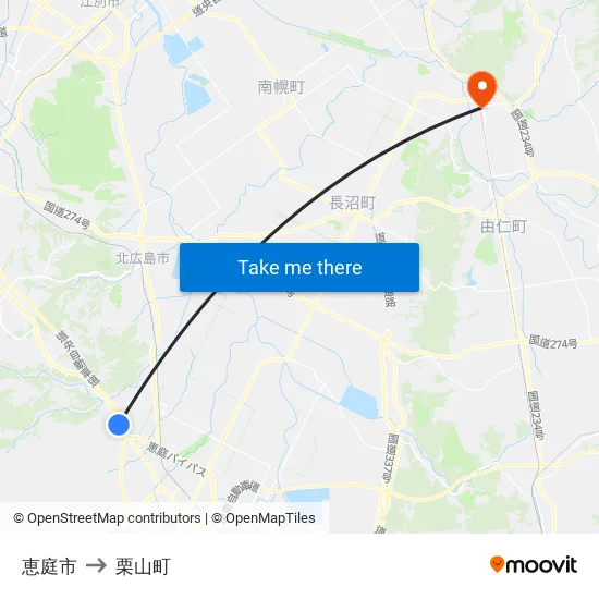 恵庭市 to 栗山町 map