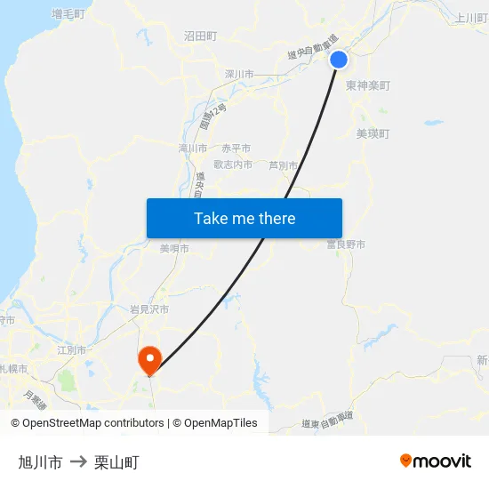 旭川市 to 栗山町 map