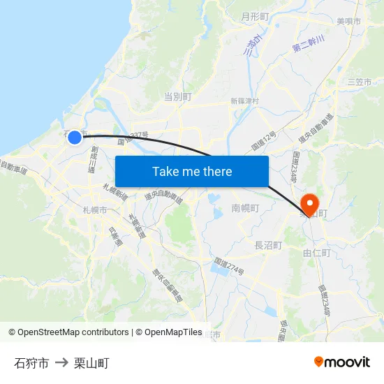 石狩市 to 栗山町 map