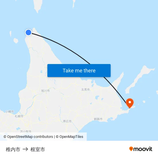 稚内市 to 根室市 map
