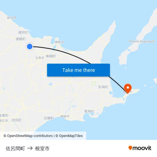 佐呂間町 to 根室市 map