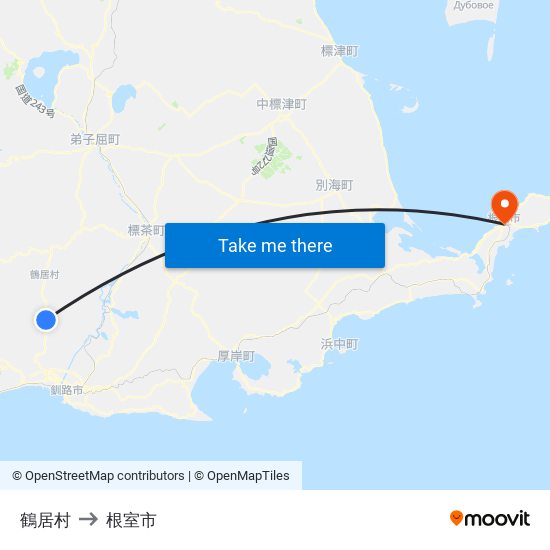 鶴居村 to 根室市 map