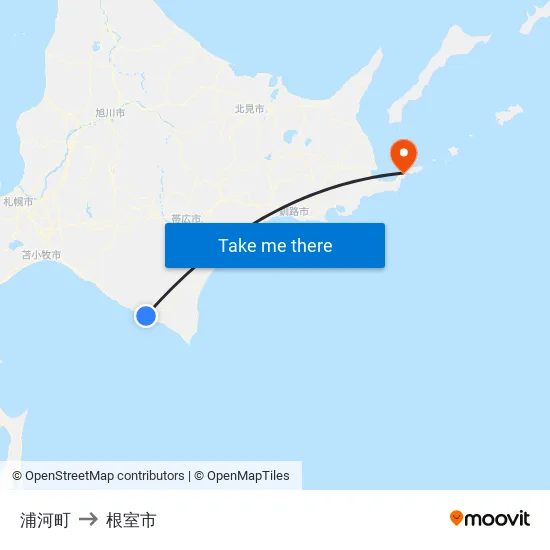浦河町 to 根室市 map