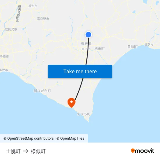 士幌町 to 様似町 map