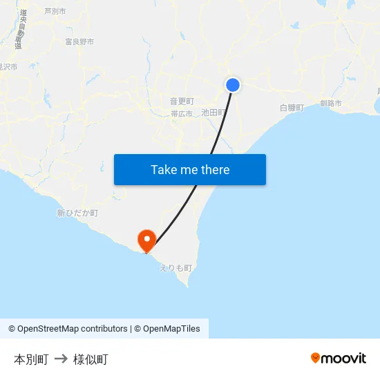 本別町 to 様似町 map