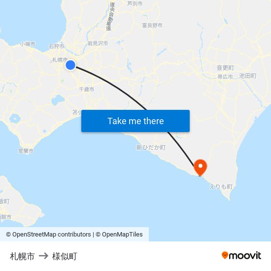 札幌市 to 様似町 map