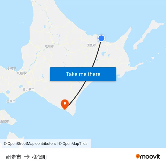 網走市 to 様似町 map