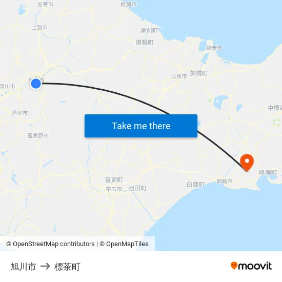 旭川市 to 標茶町 map