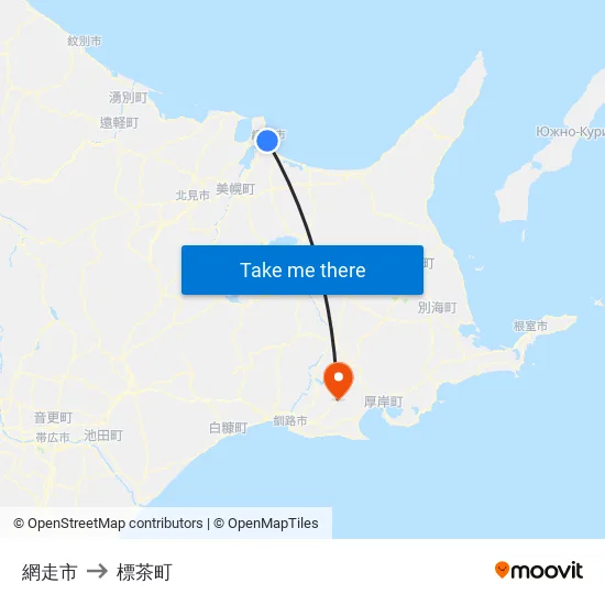 網走市 to 標茶町 map
