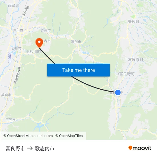富良野市 to 歌志内市 map