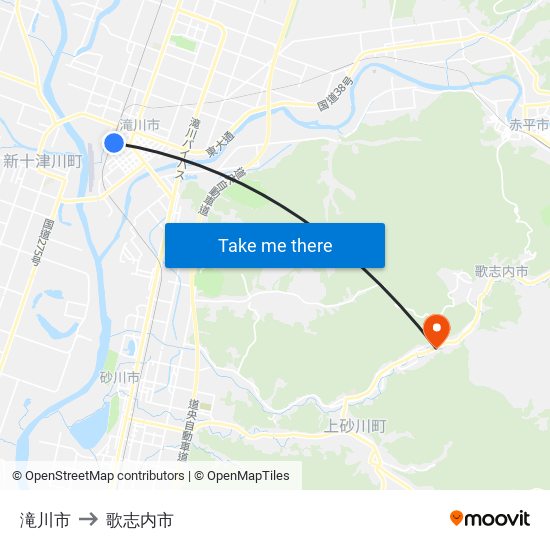 滝川市 to 歌志内市 map