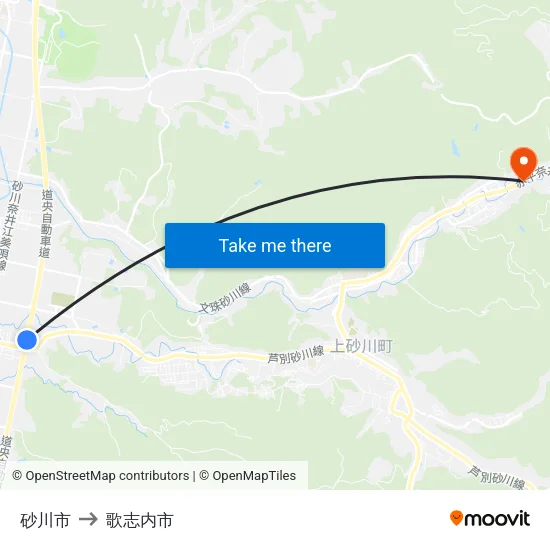 砂川市 to 歌志内市 map