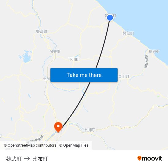 雄武町 to 比布町 map