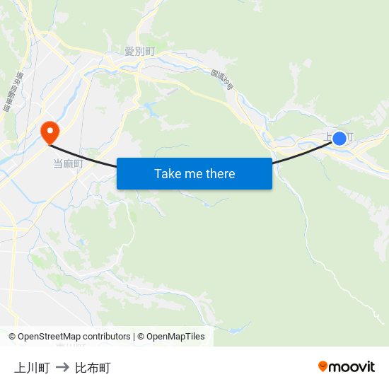 上川町 to 比布町 map