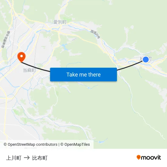 上川町 to 比布町 map