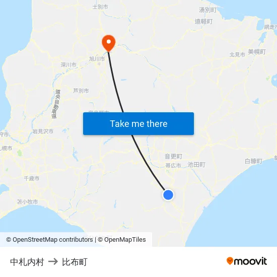 中札内村 to 比布町 map