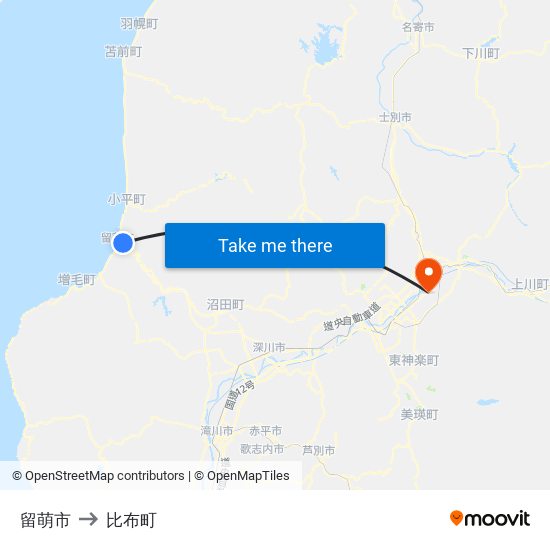 留萌市 to 比布町 map