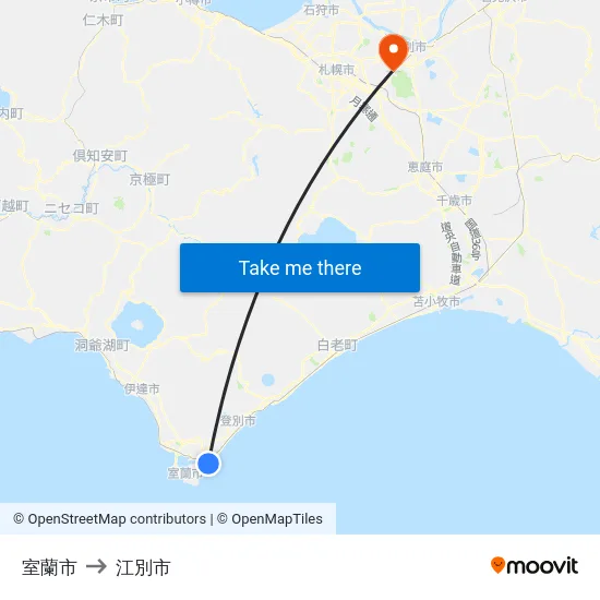 室蘭市 to 江別市 map