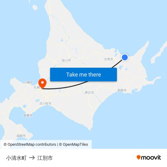 小清水町 to 江別市 map