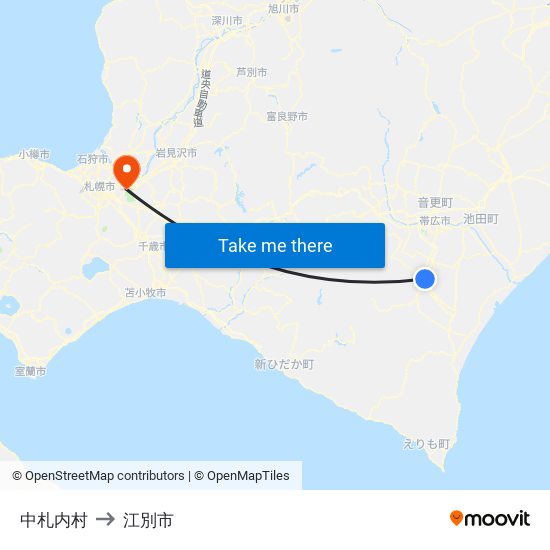 中札内村 to 江別市 map