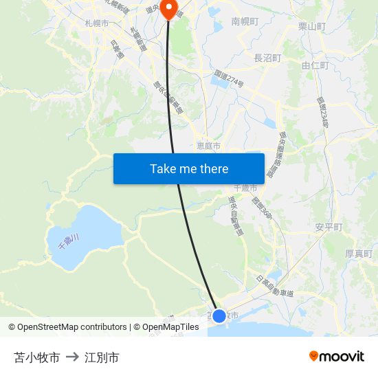 苫小牧市 to 江別市 map