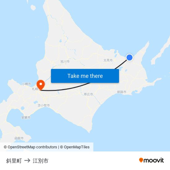 斜里町 to 江別市 map