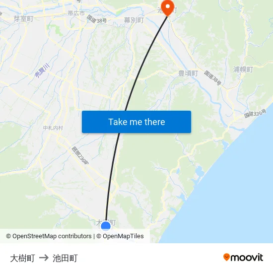 大樹町 to 池田町 map