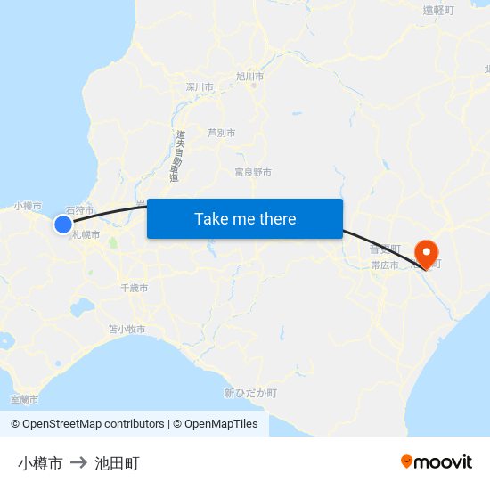 小樽市 to 池田町 map