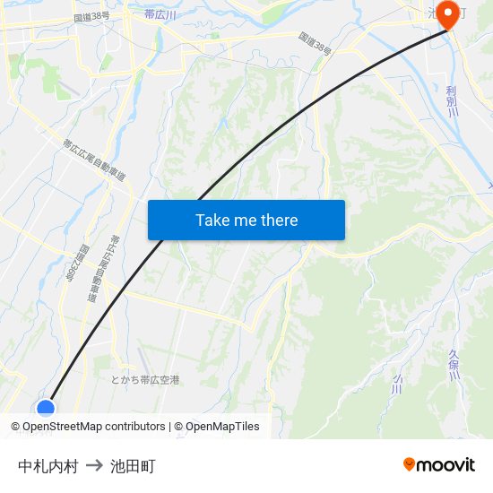 中札内村 to 池田町 map