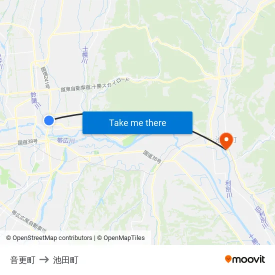 音更町 to 池田町 map