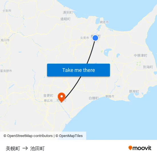 美幌町 to 池田町 map