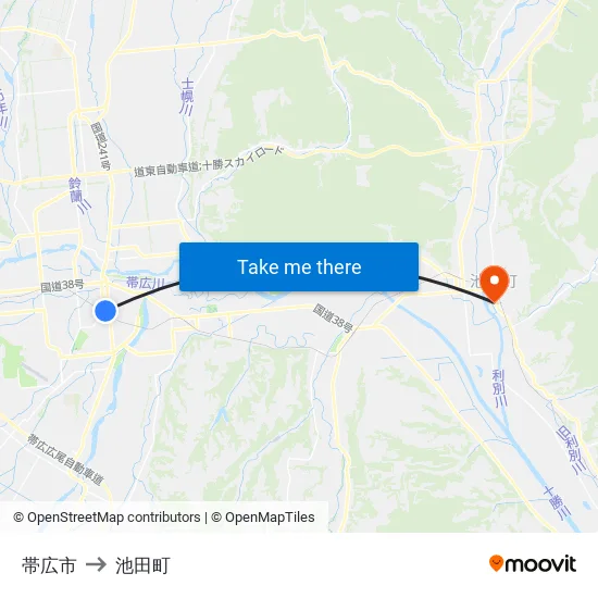 帯広市 to 池田町 map