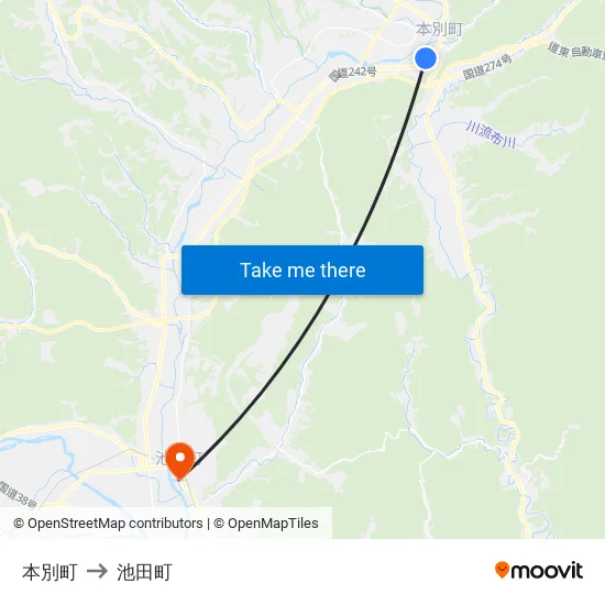 本別町 to 池田町 map