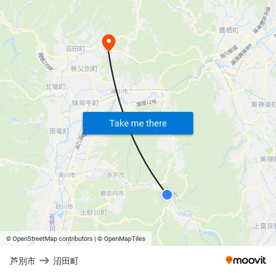 芦別市 to 沼田町 map