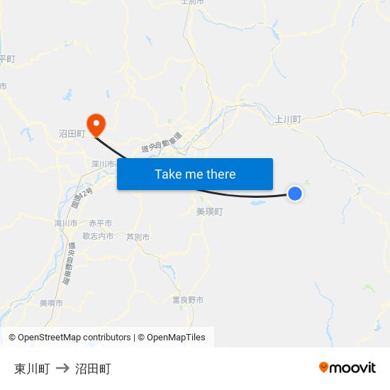東川町 to 沼田町 map