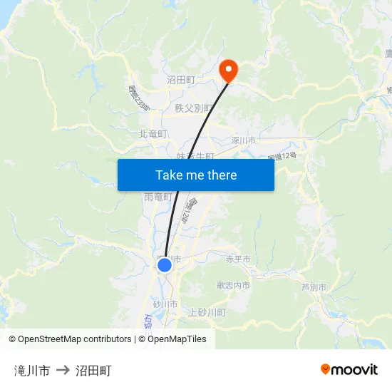 滝川市 to 沼田町 map