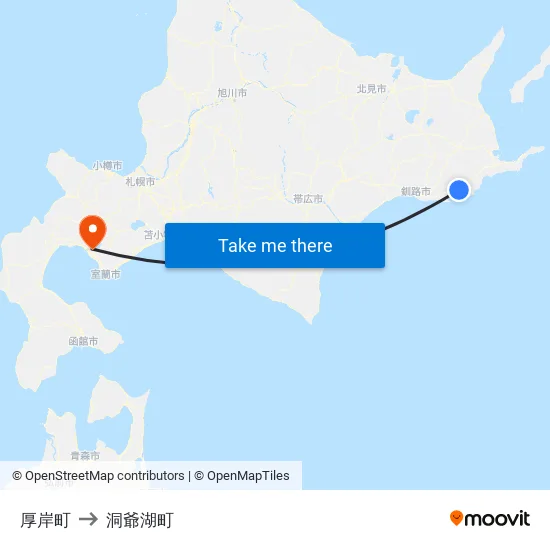 厚岸町 to 洞爺湖町 map