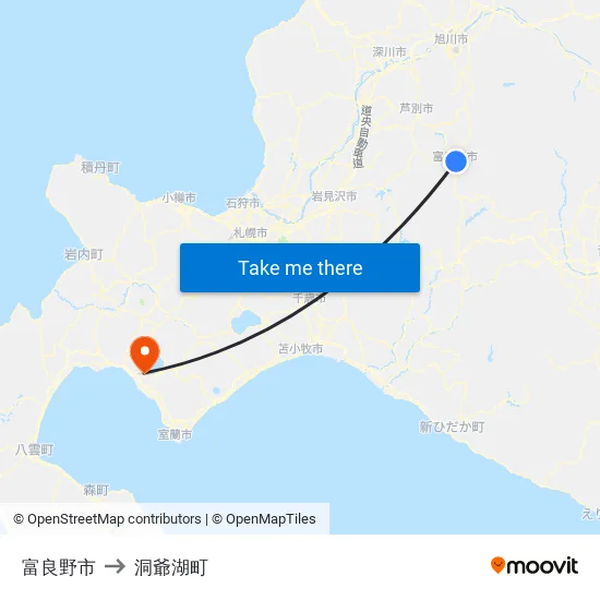 富良野市 to 洞爺湖町 map