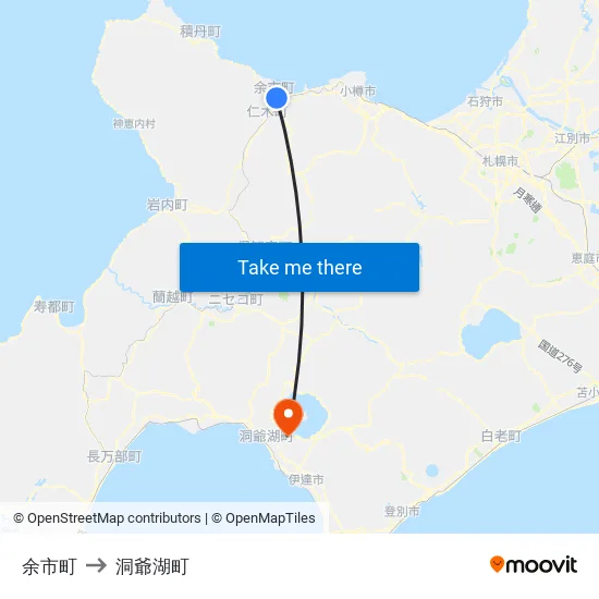 余市町 to 洞爺湖町 map