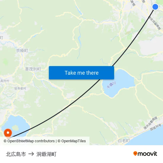 北広島市 to 洞爺湖町 map