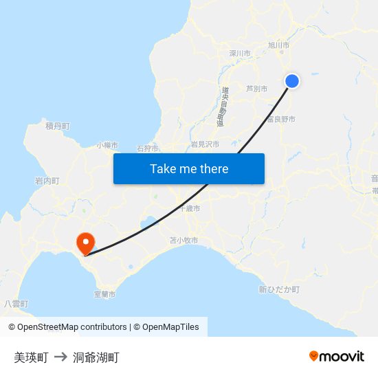 美瑛町 to 洞爺湖町 map