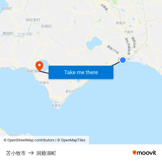 苫小牧市 to 洞爺湖町 map