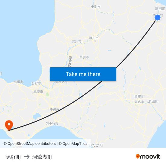 遠軽町 to 洞爺湖町 map