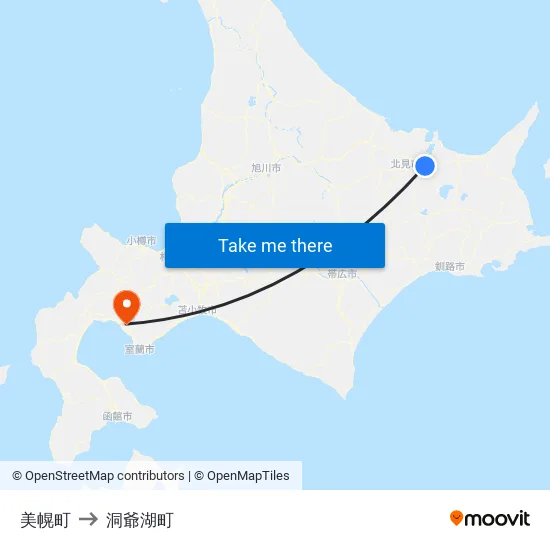 美幌町 to 洞爺湖町 map