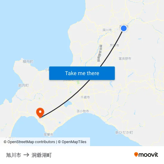 旭川市 to 洞爺湖町 map