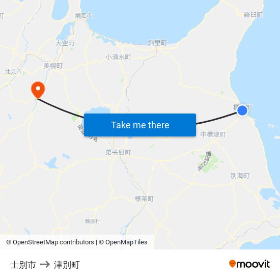士別市 to 津別町 map