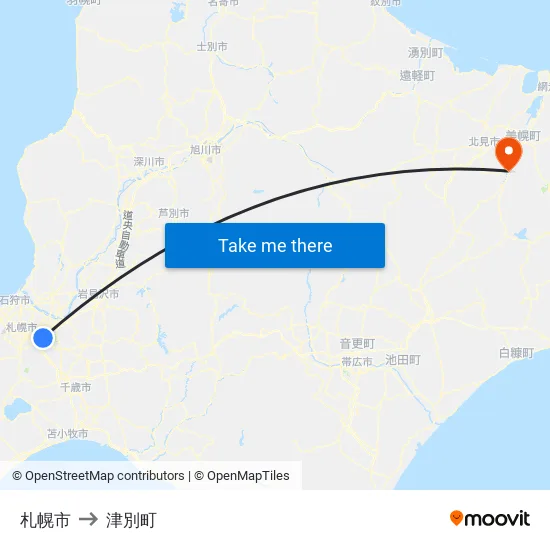 札幌市 to 津別町 map