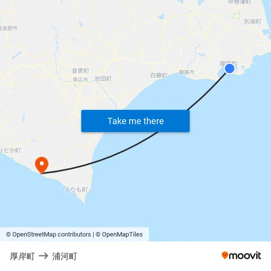 厚岸町 to 浦河町 map