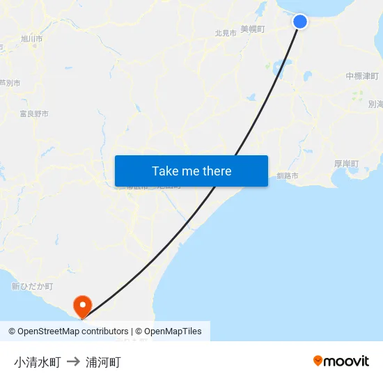 小清水町 to 浦河町 map