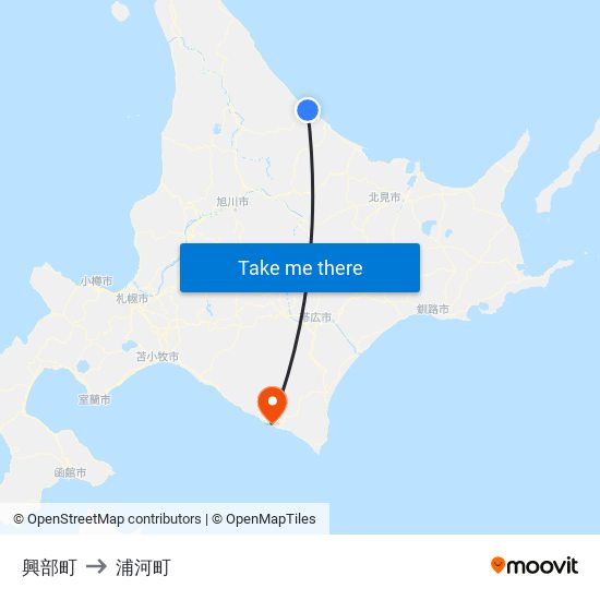 興部町 to 浦河町 map